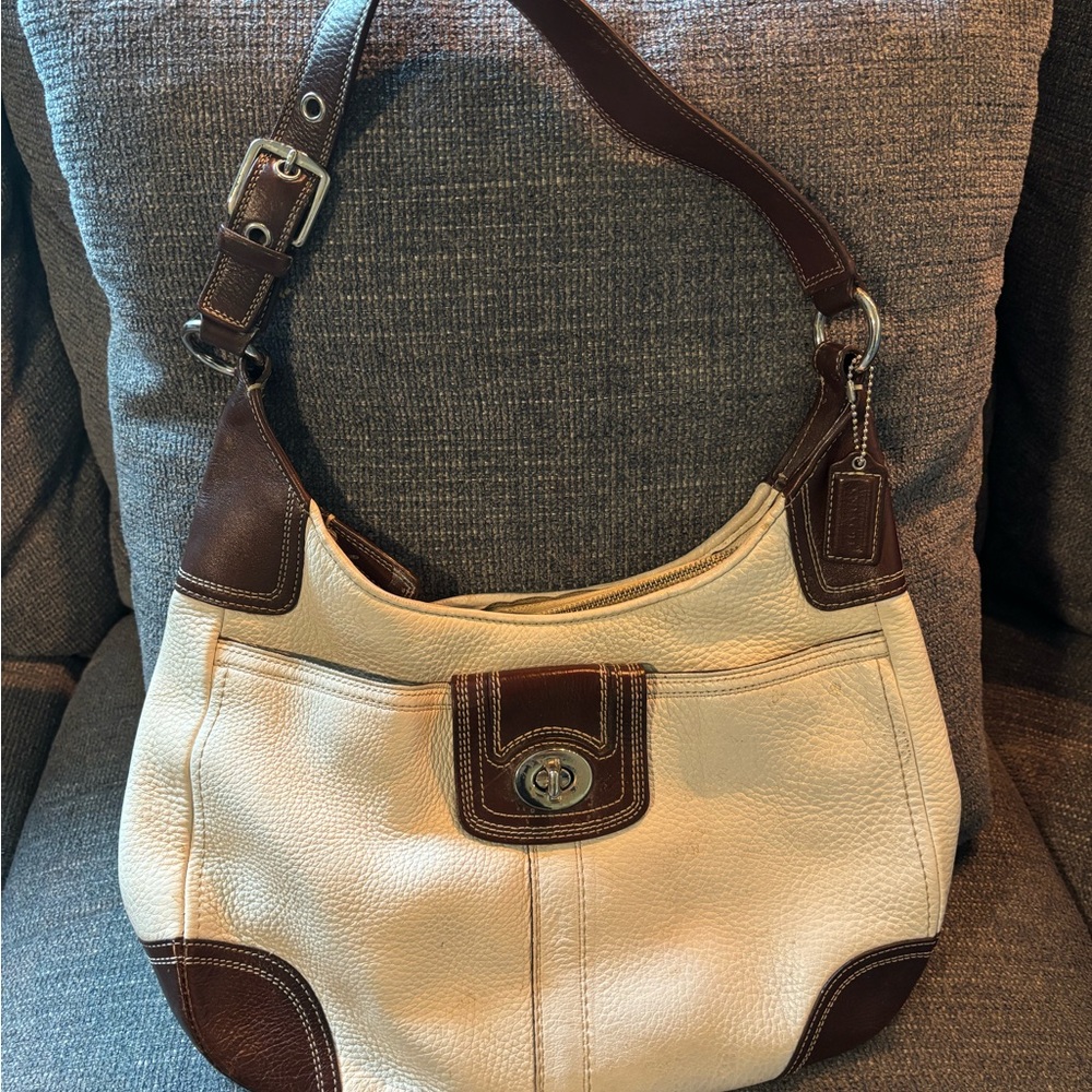 Coach Legacy Turnlock Hobo F13956- Cream Pebbled w/ Brown Trim, Silver Hardware